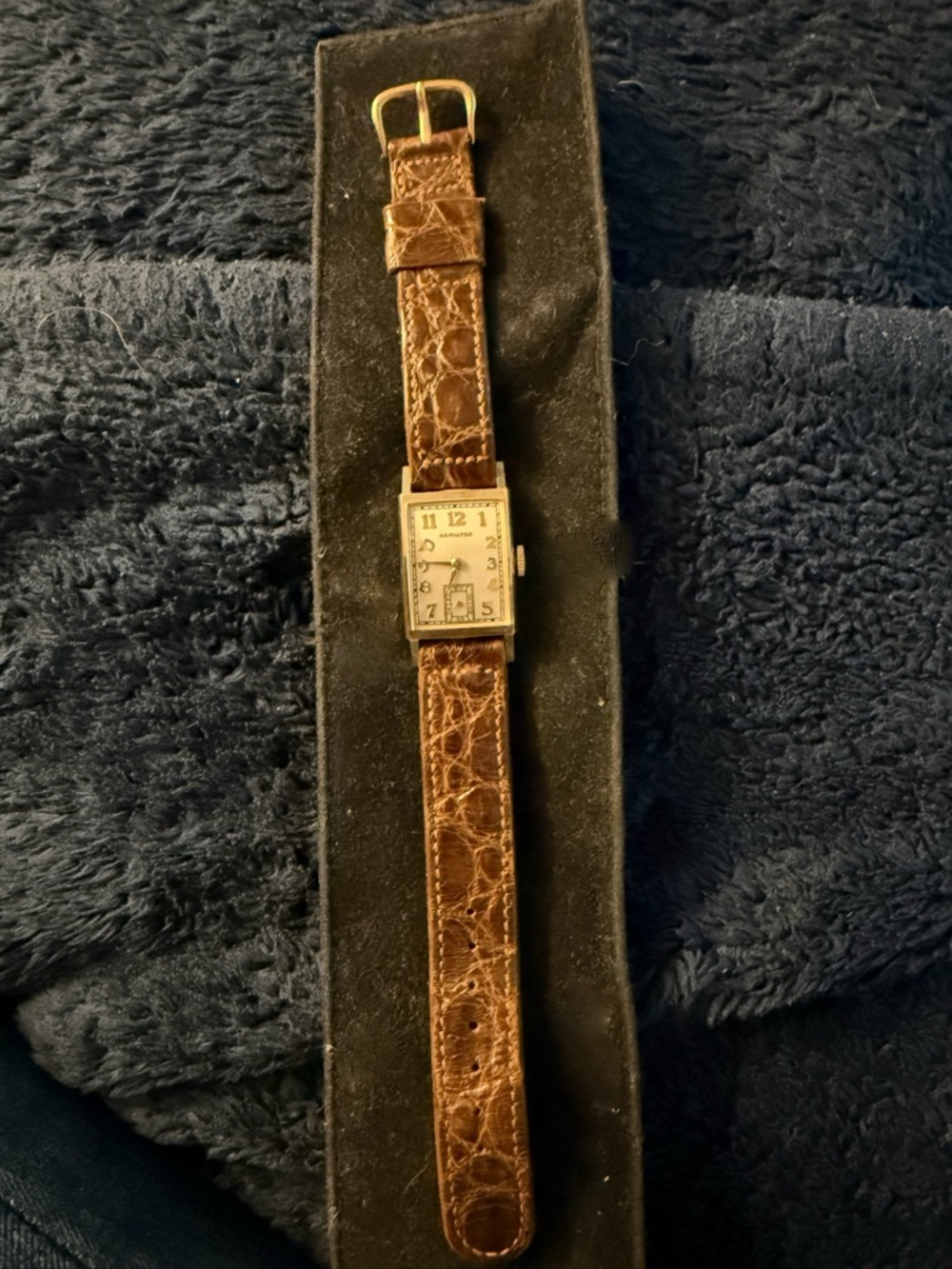 Hamilton Men's  14k Gold  Rectangular Watch with Brown Leather Strap